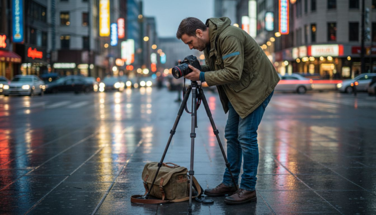 Photographer bracketing exposures in city plaza at dusk