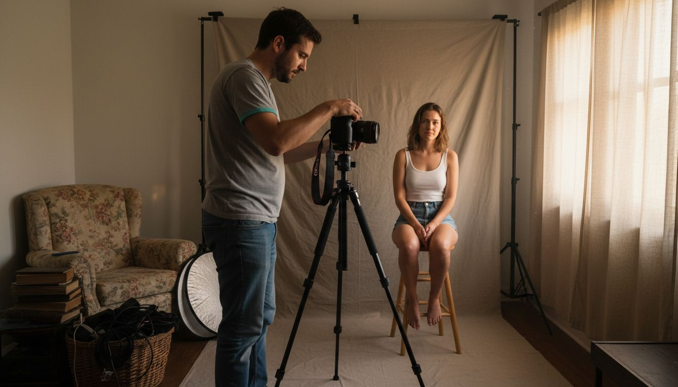 Photographer adjusting camera in home studio