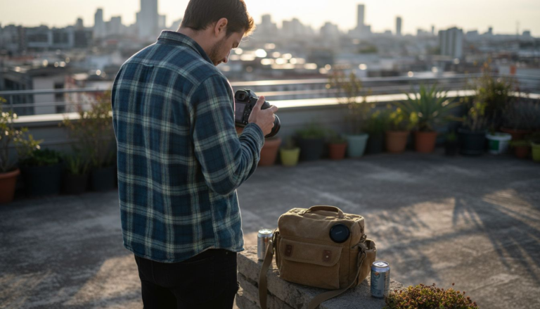 Photographer checking lens for color fringing