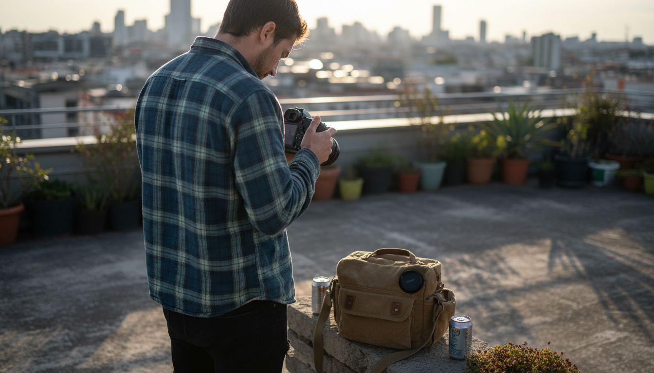 Photographer checking lens for color fringing