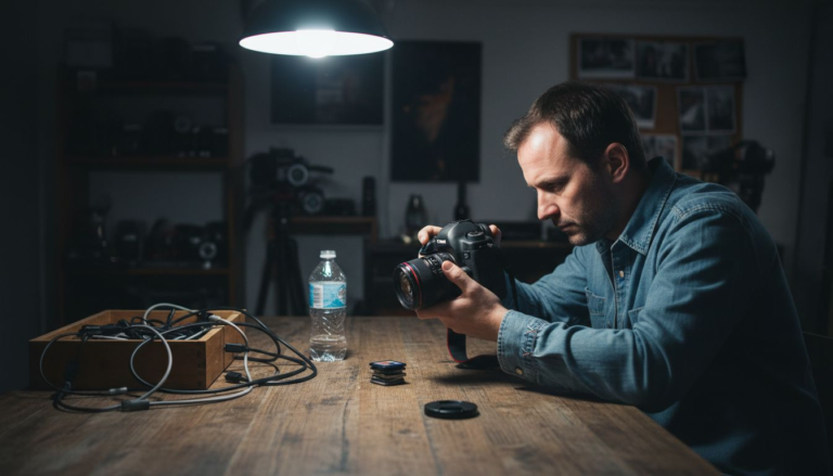 Photographer reviewing camera images in studio