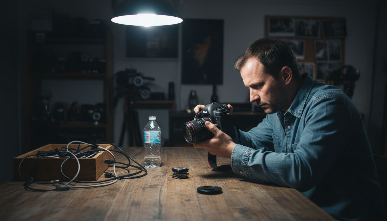 Photographer reviewing camera images in studio