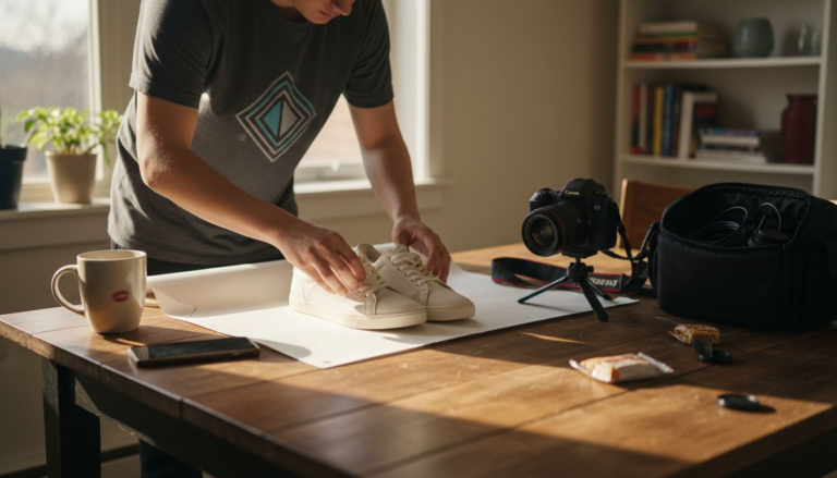Amateur photographer arranging sneakers on home table
