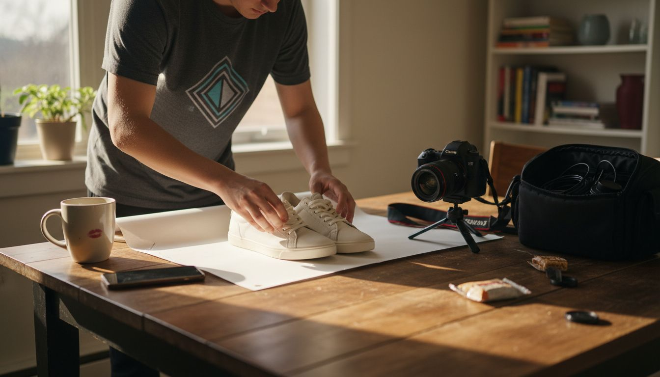 Amateur photographer arranging sneakers on home table