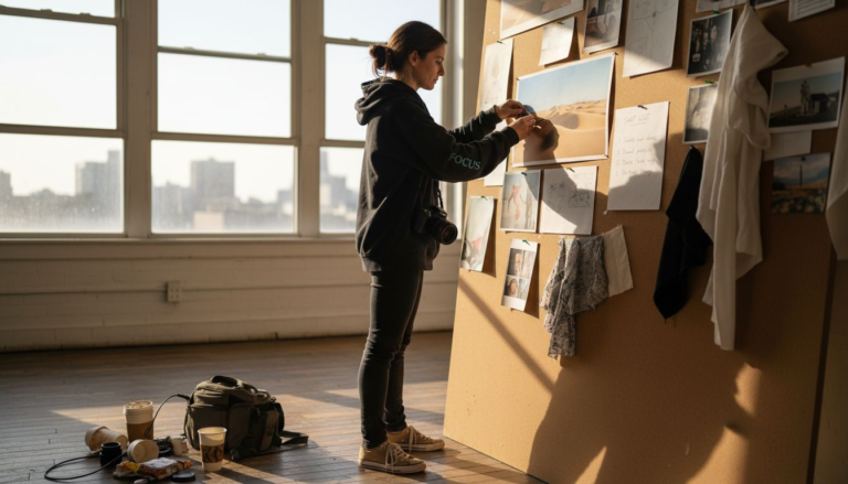Photographer planning photo shoot on corkboard