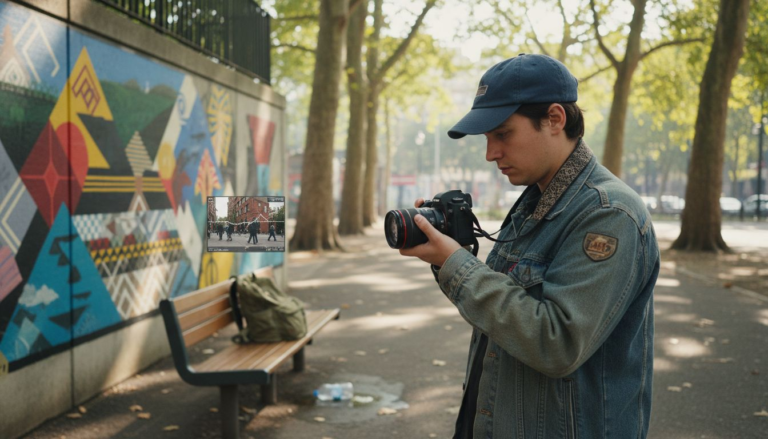 Photographer checking camera histogram outdoors