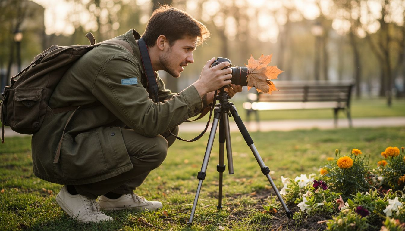 Young photographer adjusting camera in city park