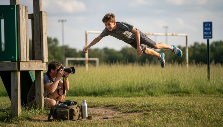 Boy jumping captured with burst mode outdoors