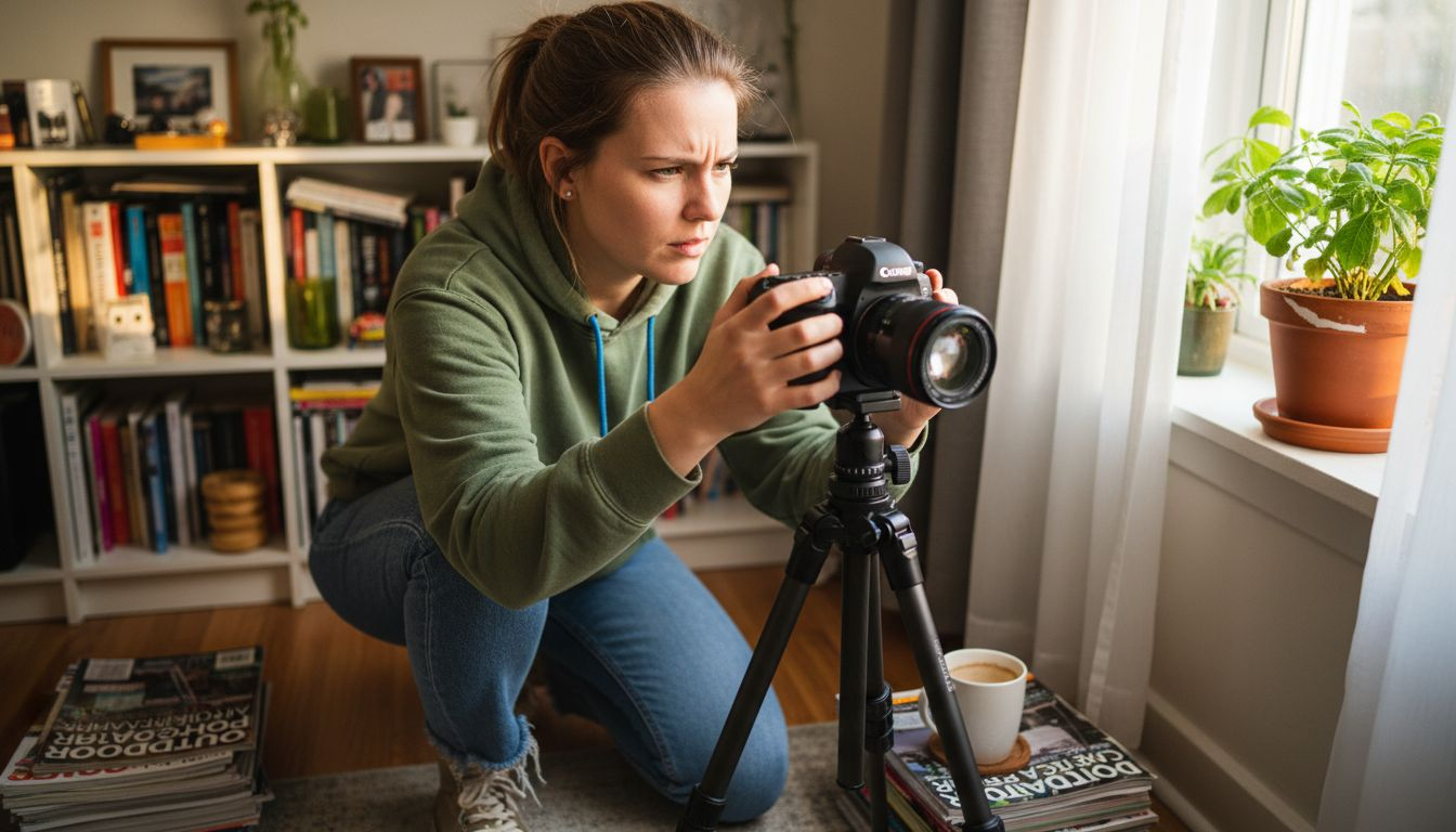 Amateur photographer adjusts camera in living room