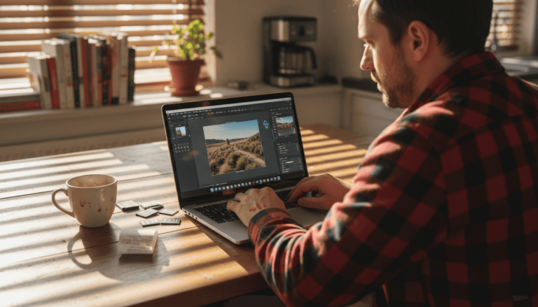 Photographer editing raw file at kitchen table