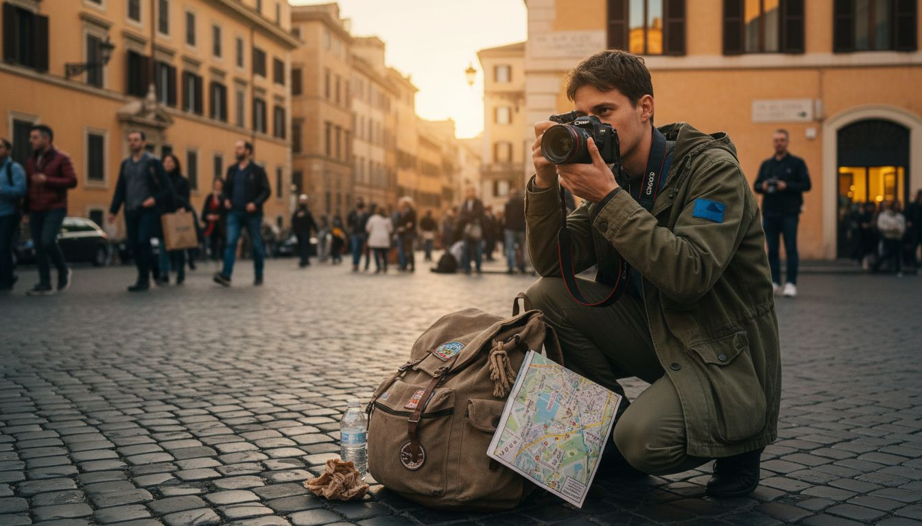 Traveler photographing city at sunset