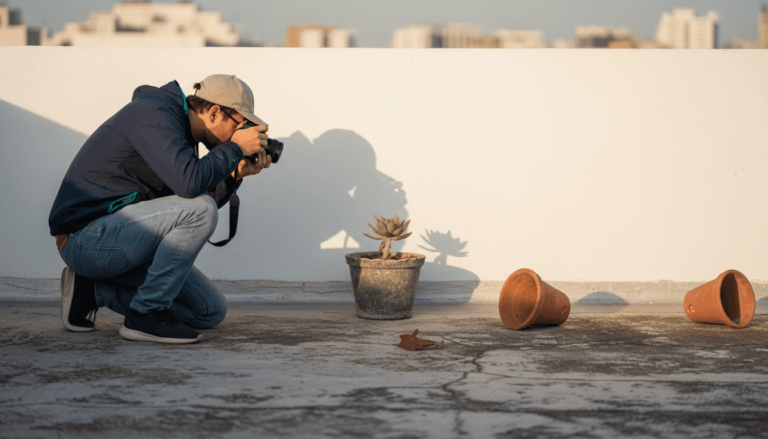 Photographer creating negative space on rooftop