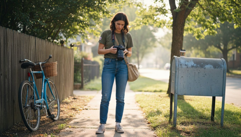 Beginner checking camera settings outdoors