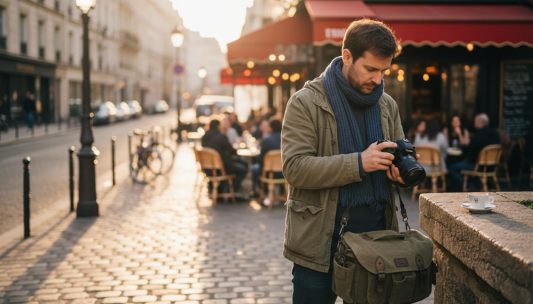 Photographer adjusting camera on Paris street