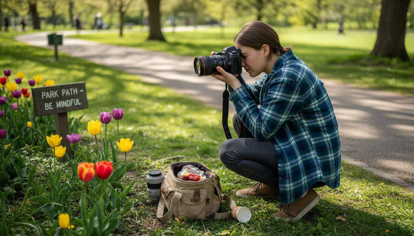 Amateur photographer composing outdoor flower shot