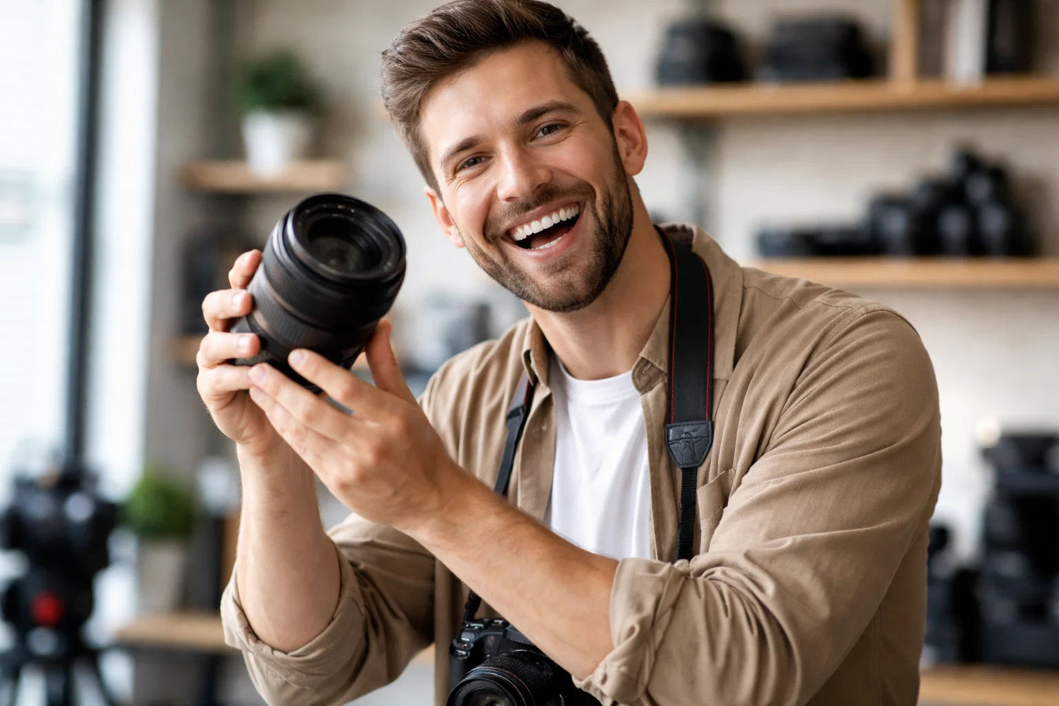 A photographer holding a new camera lens and looking happy