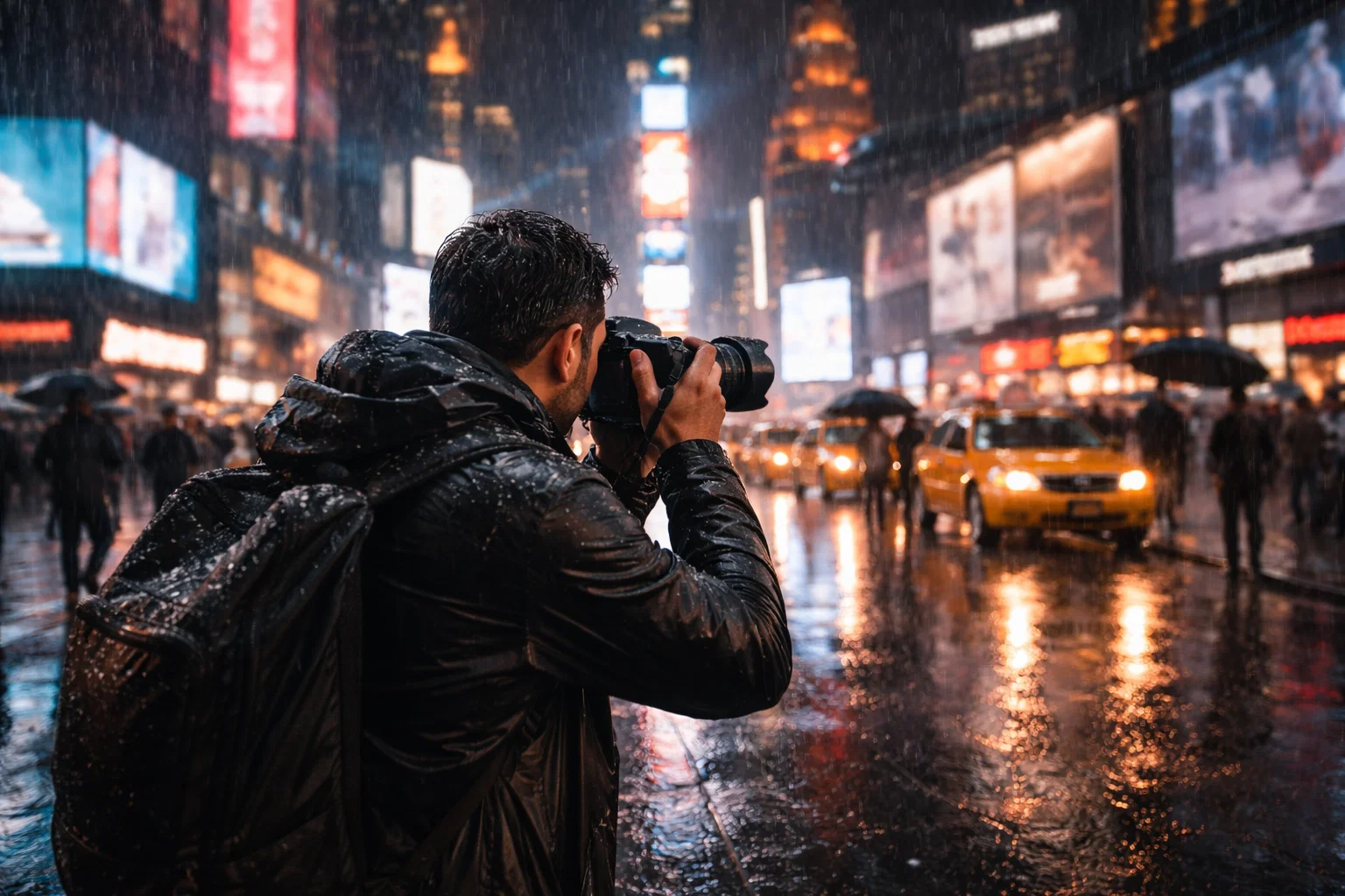 A photographer taking a photo in New York at night in the rain