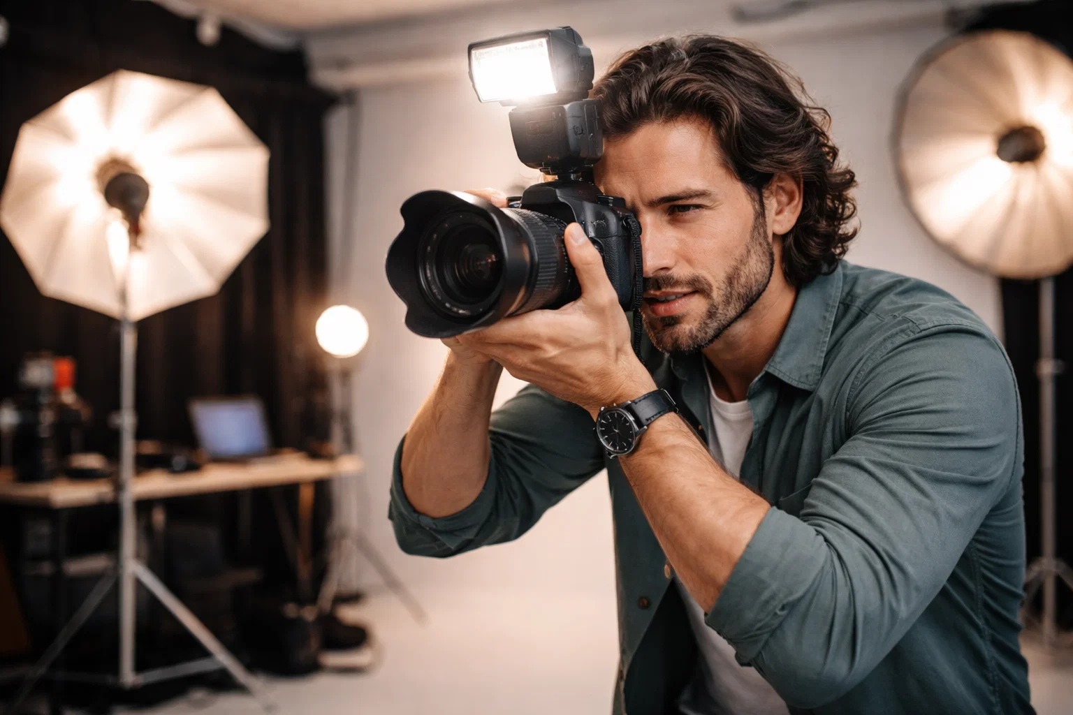 A photographer using flash photography