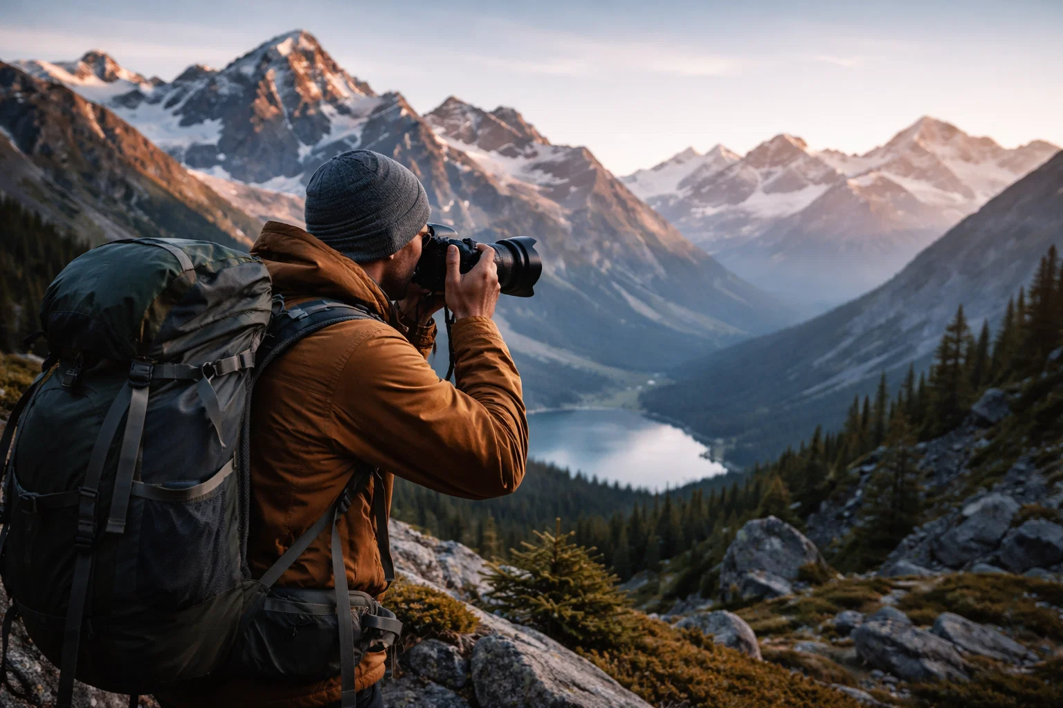 A photographer taking a picture in the mountains 