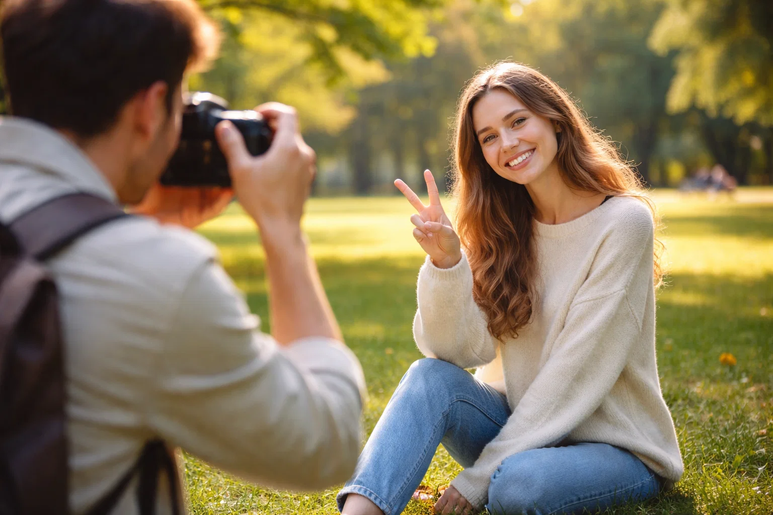 A photographer taking a photo of their friend in the park