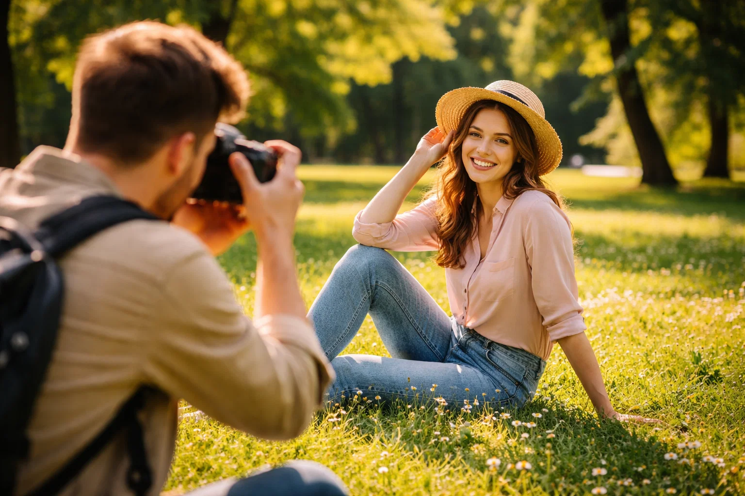 A photographer taking a photo of their friend in the park 
