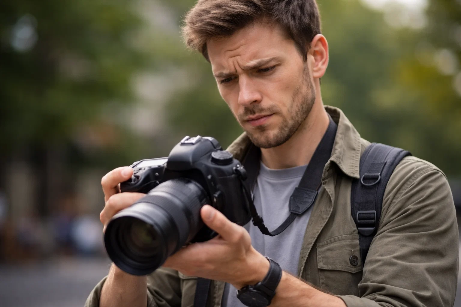 A photographer looking at his camera looking confused after making photography mistakes