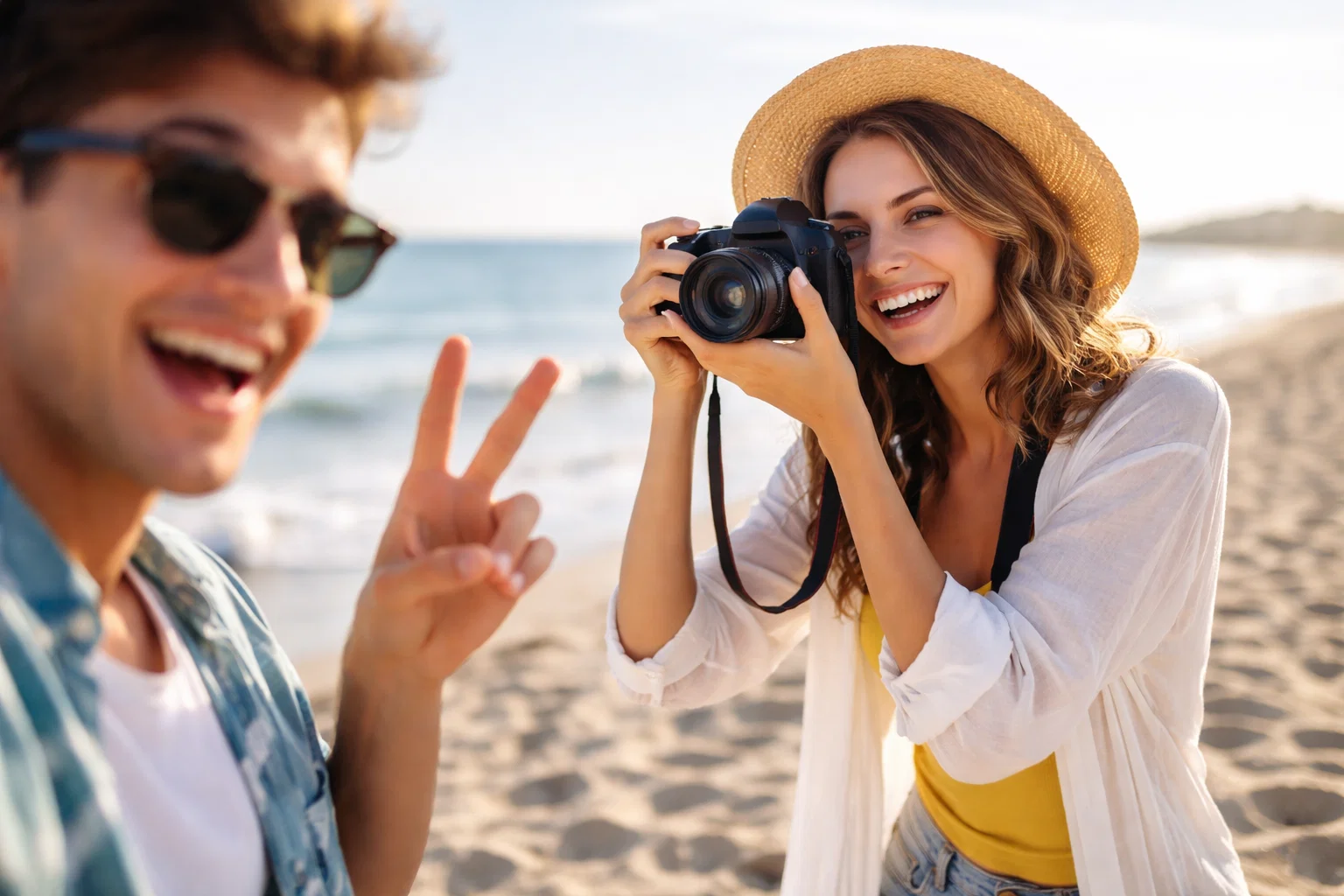 A happy photographer taking a picture o their friend on the beach
