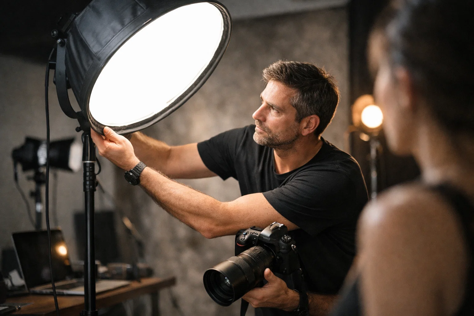 A photographer optimizing lighting to take a photo