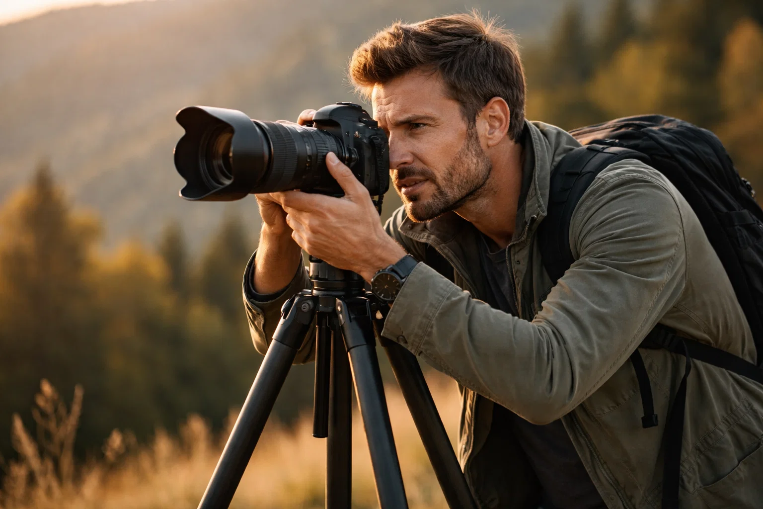 An ultra realistic image of a photographer using a tripod