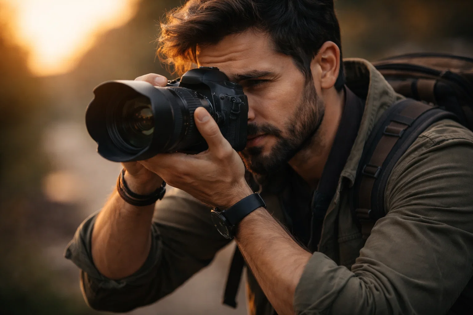 A cinematic image of a photographer taking a photo 
