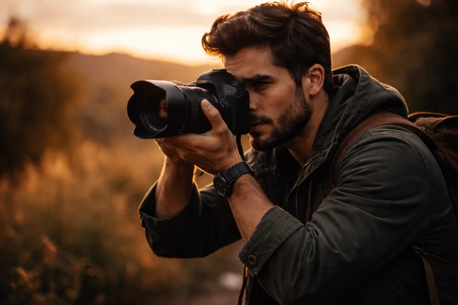 A cinematic image of a photographer taking a photo 
