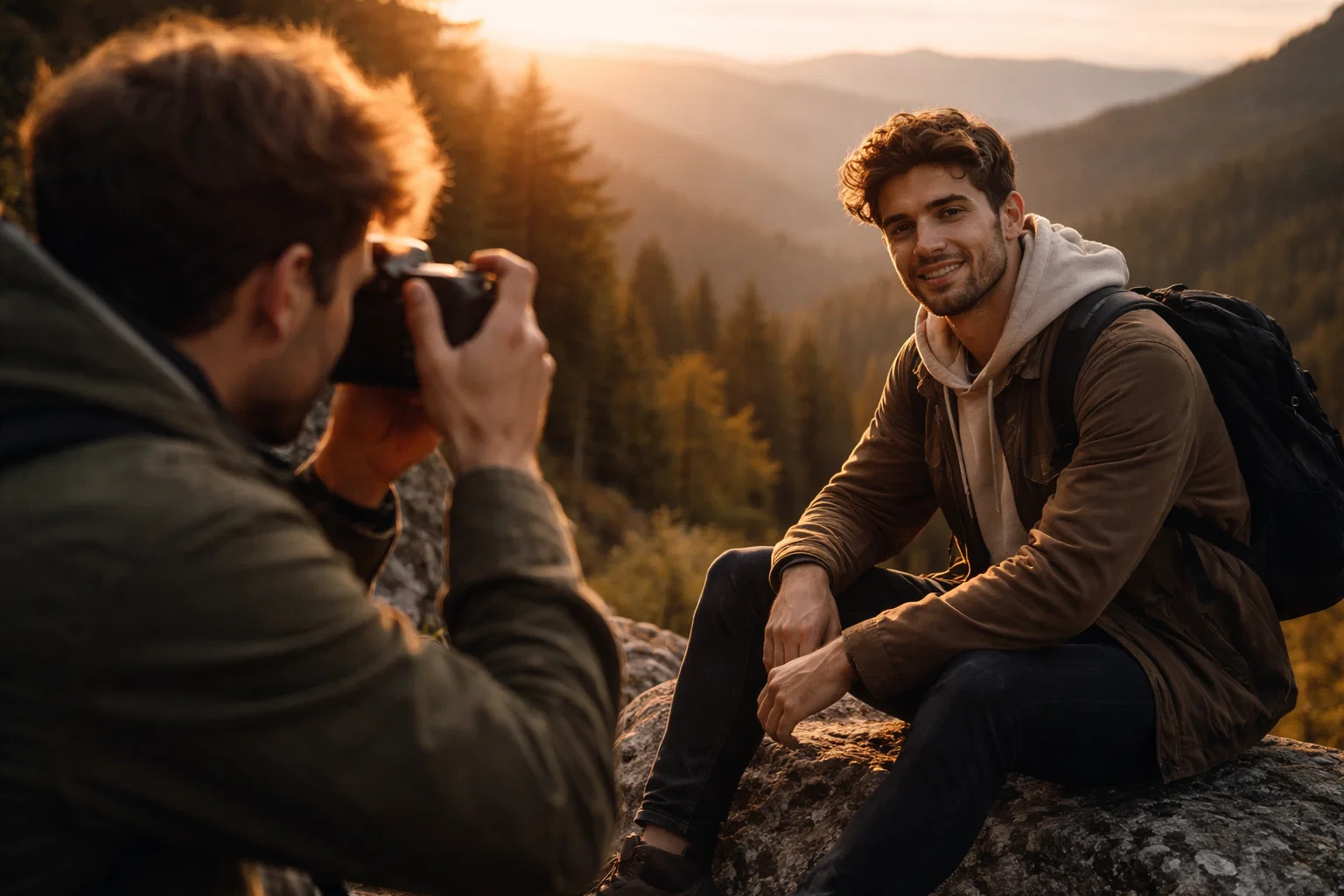 A cinematic image of a photographer taking a photo of their friend