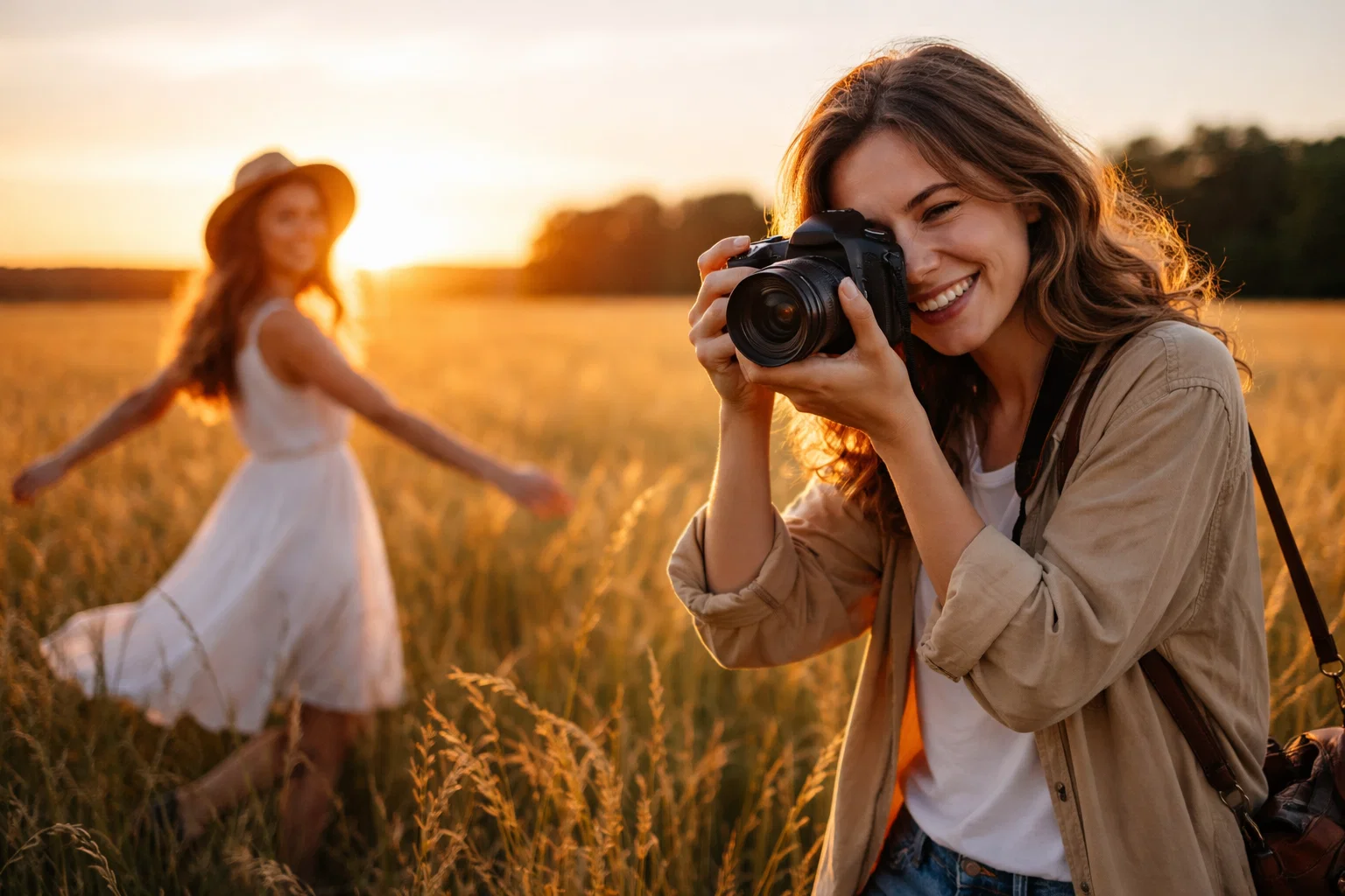 A happy photographer taking a photo of their friend in a field a sunset