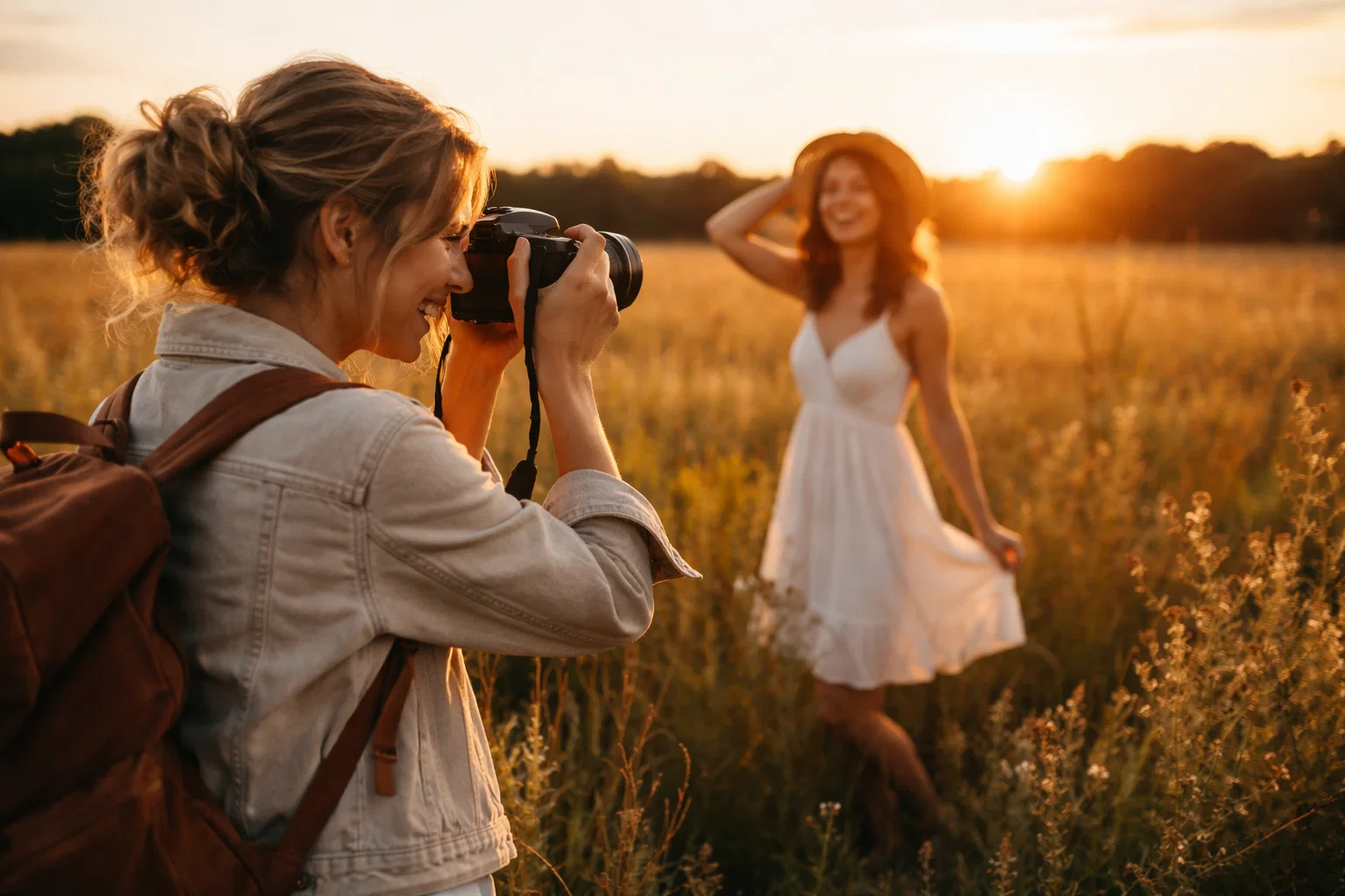 A happy photographer taking a photo of their friend in a field a sunset