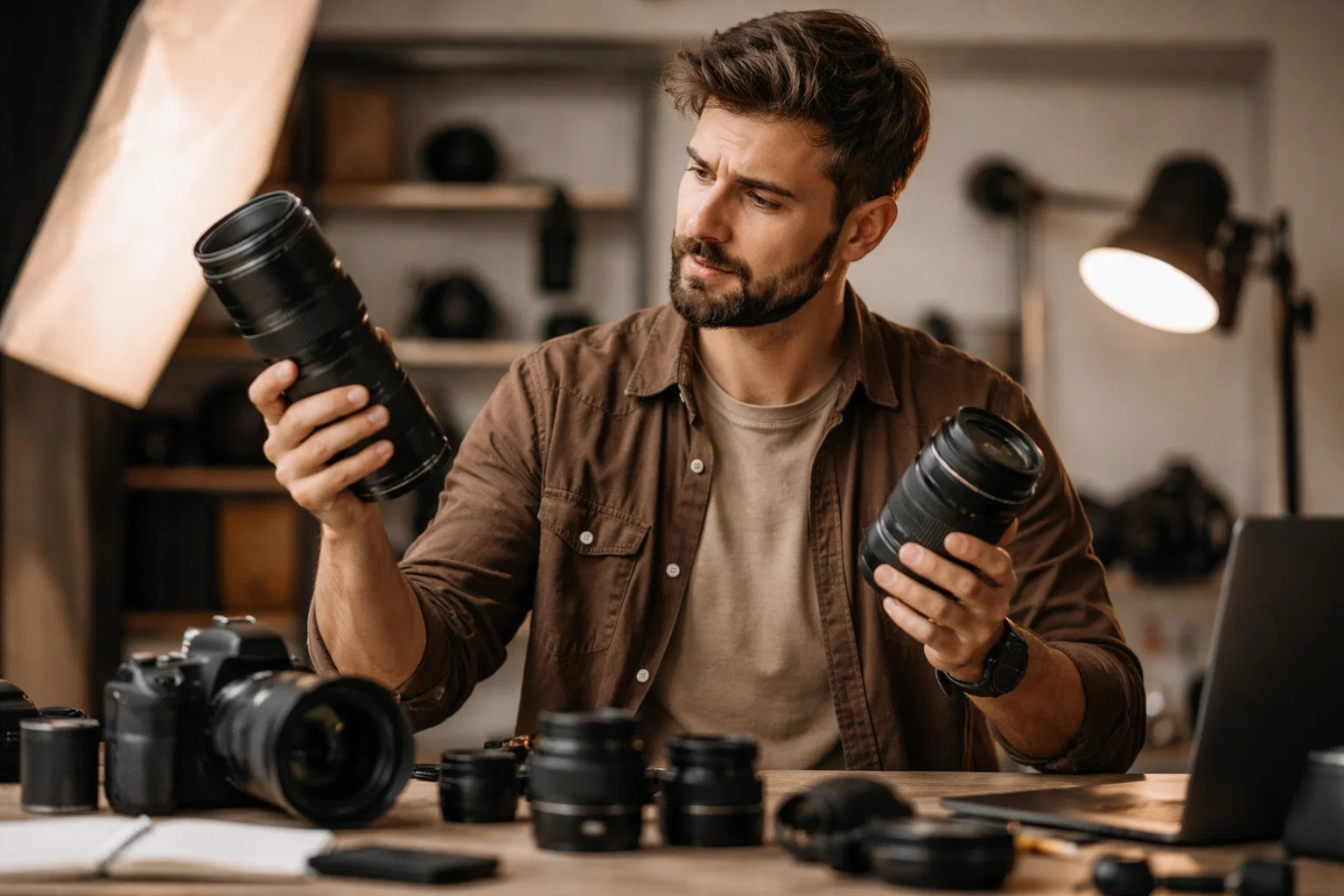 A PHOTOGRAPHER DECIDING WHAT LENS TO USE