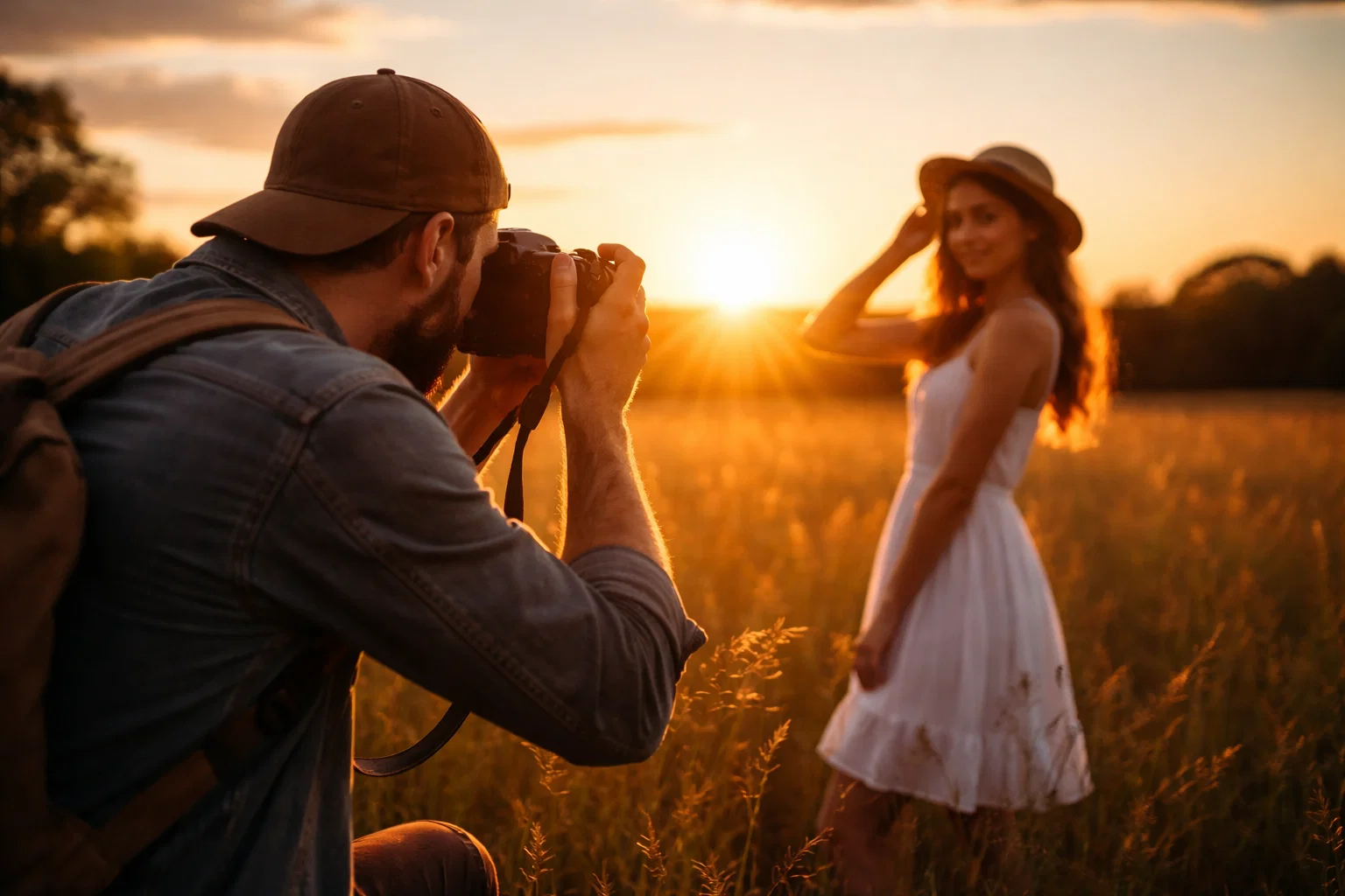 A PHOTGRAPHER USING NATURAL LIGHT AT SUNSET TO TAKE A PHOTO