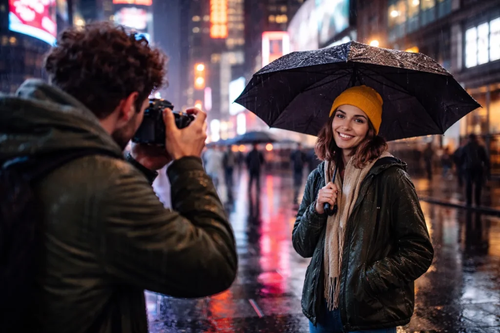 A photographer taking a photo of their friend in New York at night in the rain