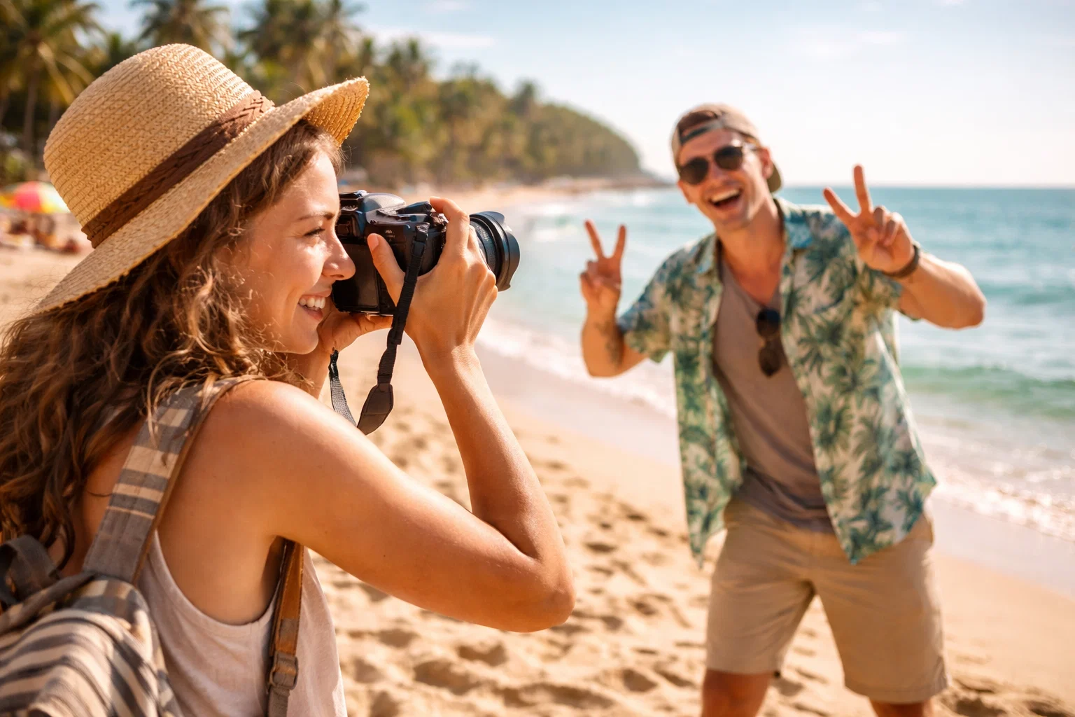 A happy photographer taking a photo on the beach of their friend 