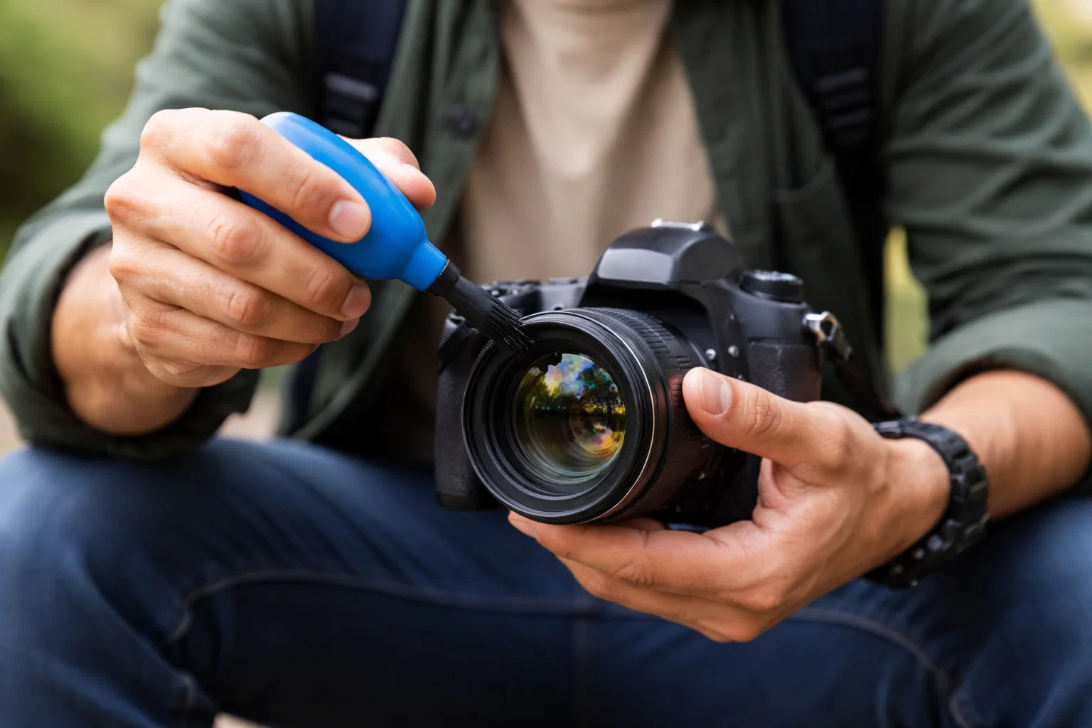 A photographer cleaning their camera lens 