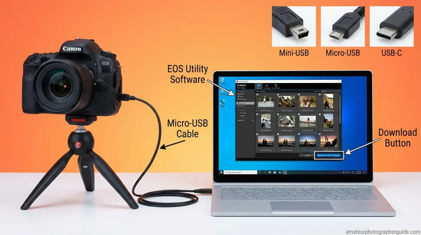 Canon camera connected to computer via USB cable using EOS Utility software for photo transfer