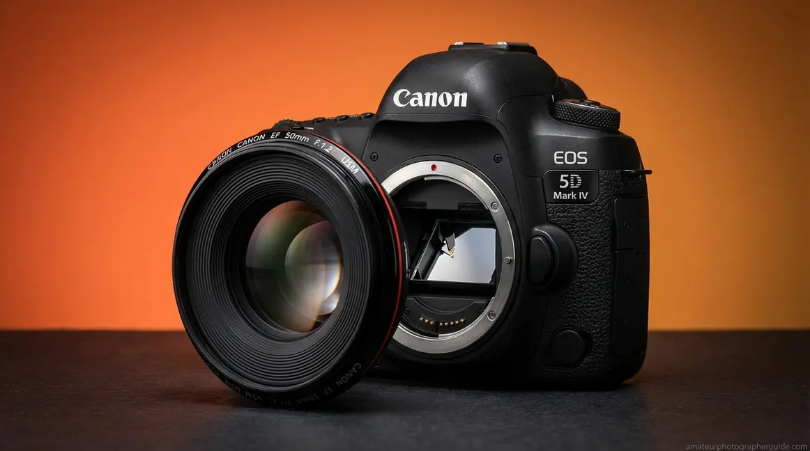 What is a DSLR camera showing internal reflex mirror mechanism and lens mount