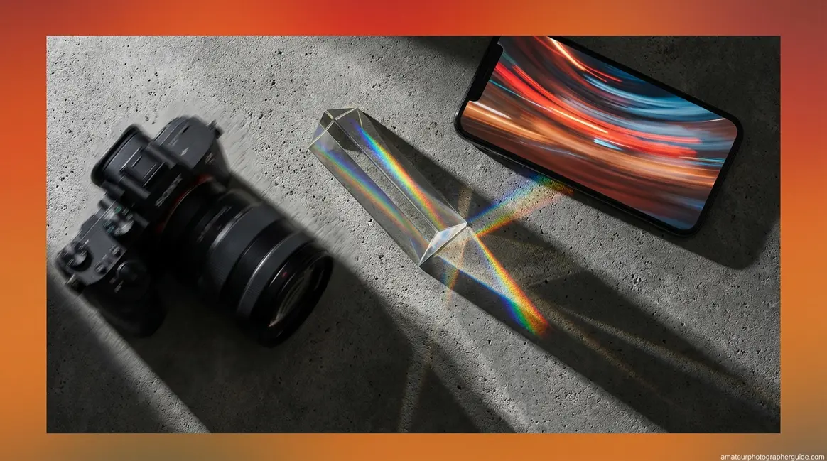 Abstract photography tips guide showing prism light, motion blur, and textured surfaces