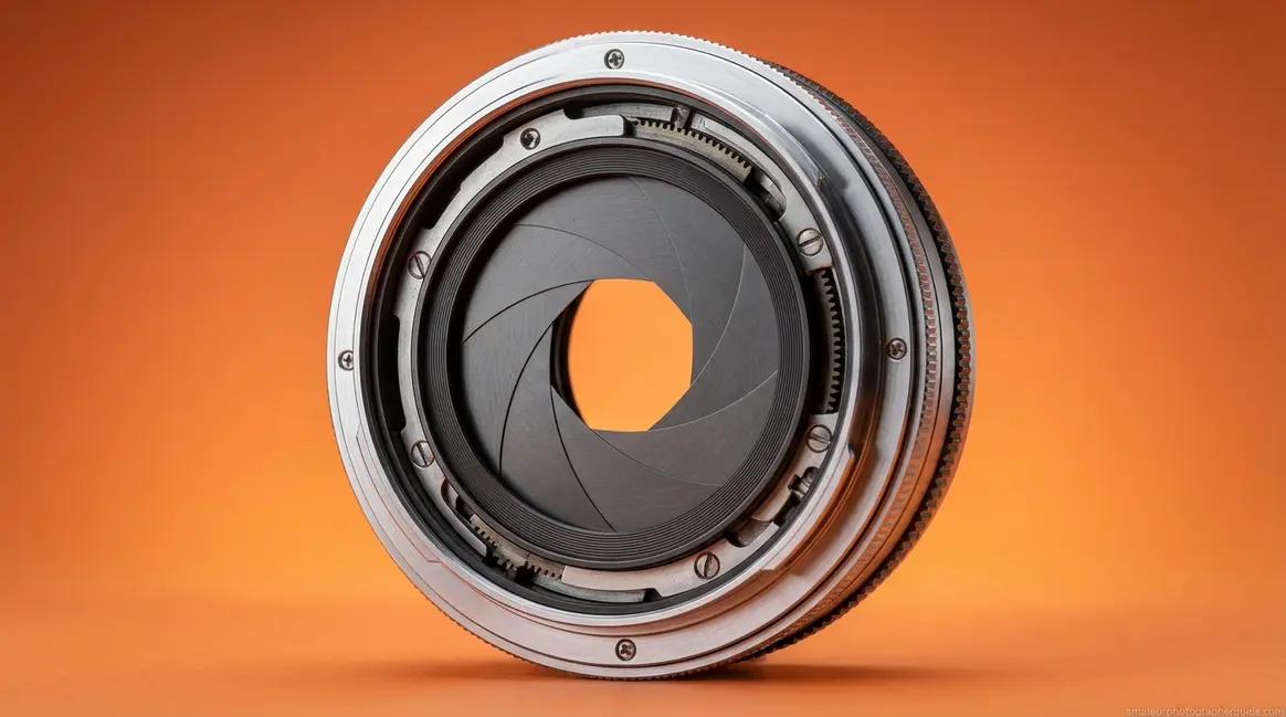 Aperture explained with a camera lens showing the internal diaphragm blades partially closed