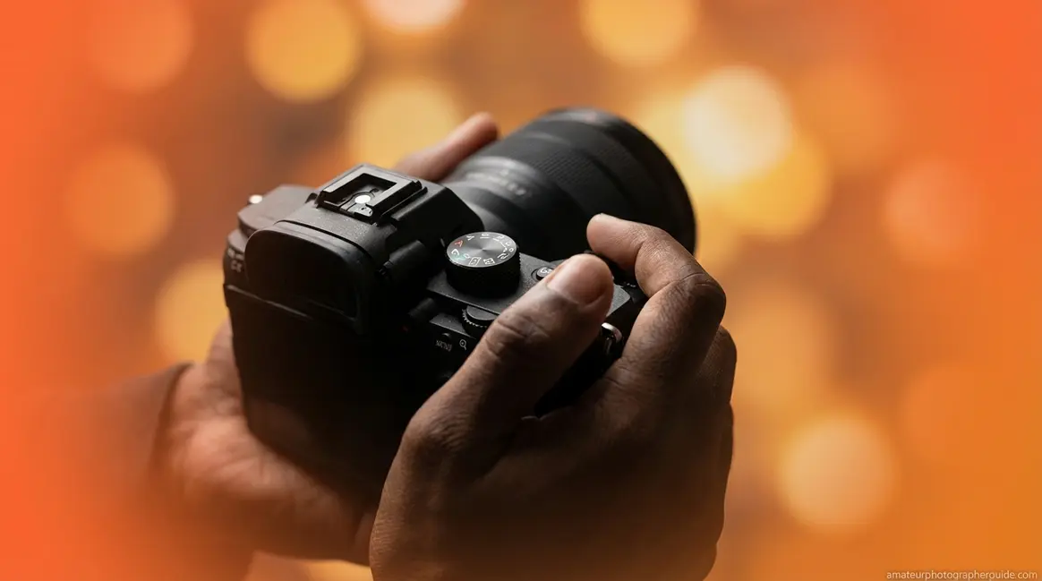 Photographer using aperture priority mode on camera dial showing depth of field bokeh effect