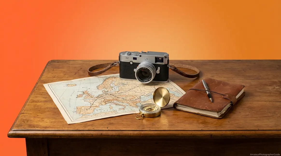 Best travel photography tips setup showing camera, map, and notebook on wooden table