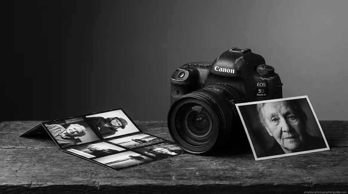 Black and white photography tips for beginners showing DSLR camera with monochrome prints