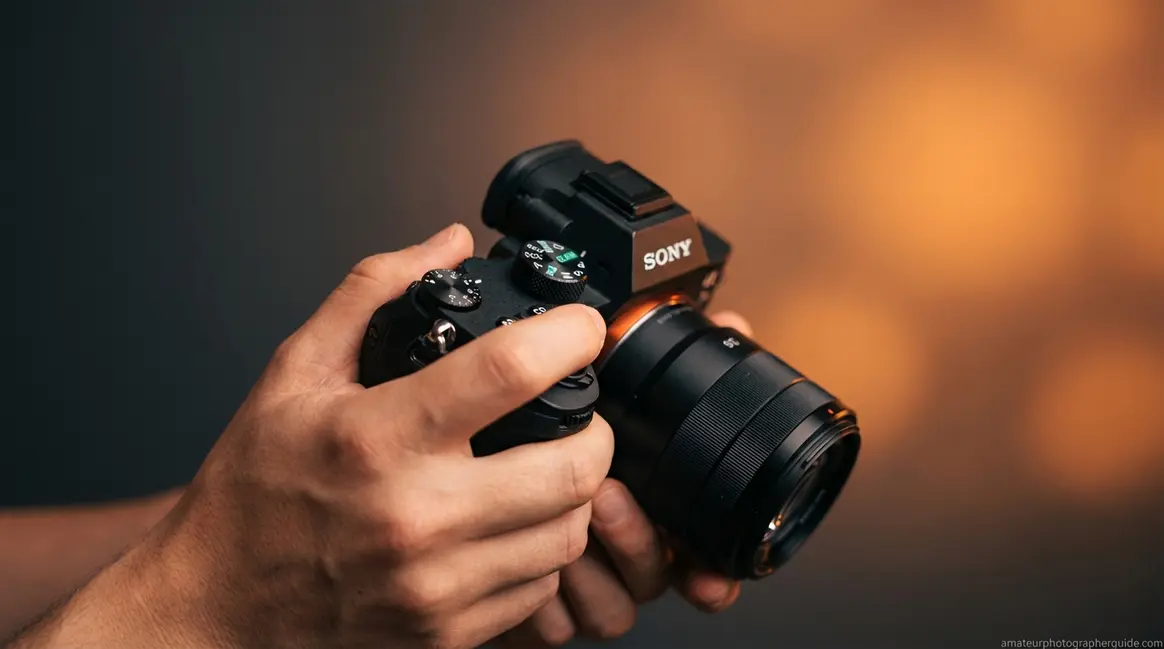 Beginner photographer holding camera with mode dial set to camera auto mode