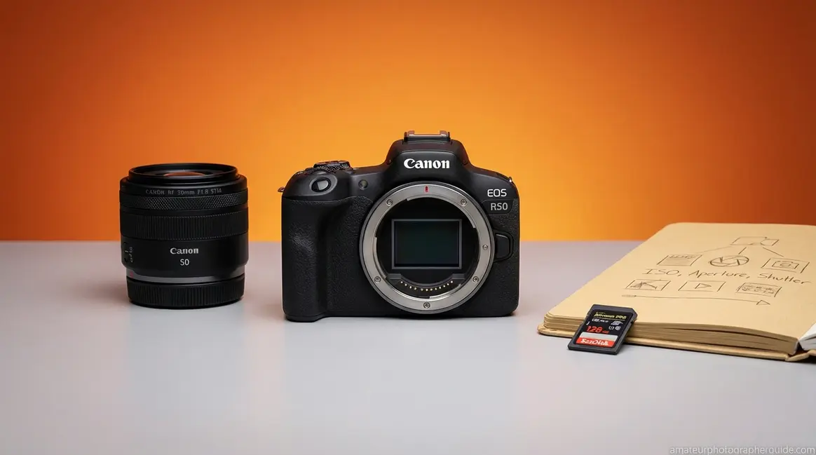 Camera basics for beginners — mirrorless camera with lens, SD card, and exposure notes on warm gradient