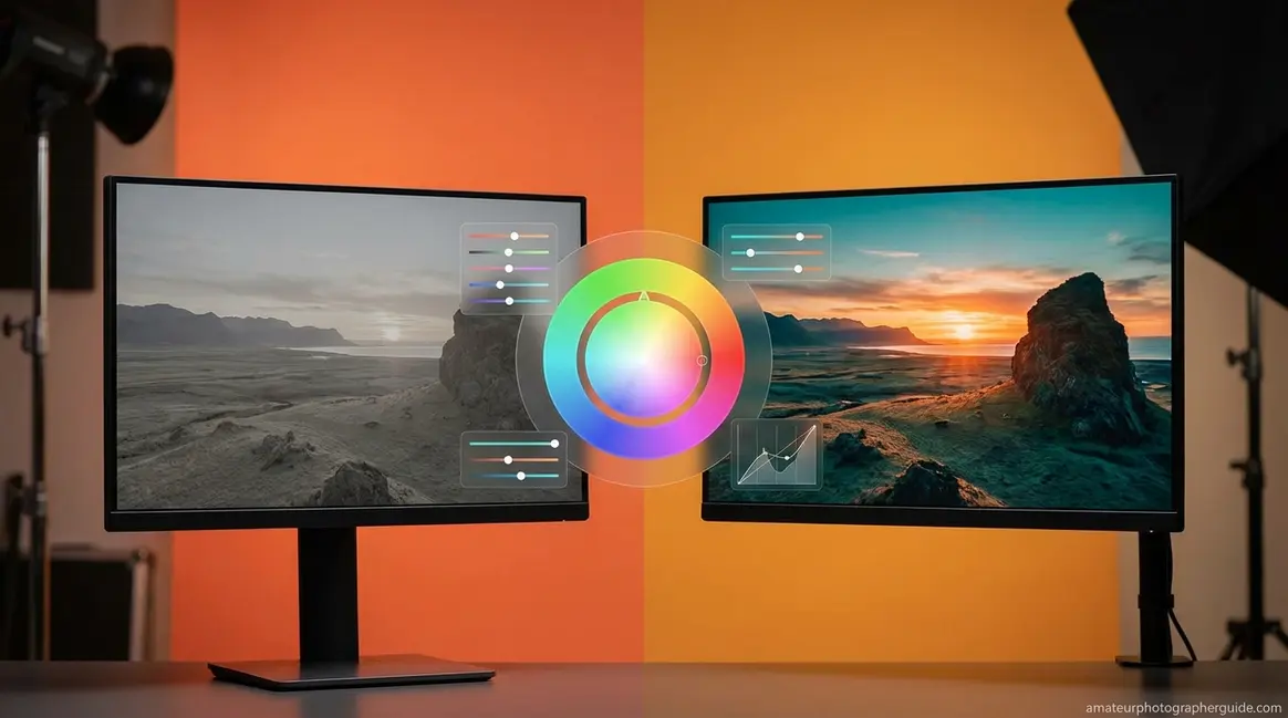 Visual guide explaining what is color grading photography with split screen editing comparison