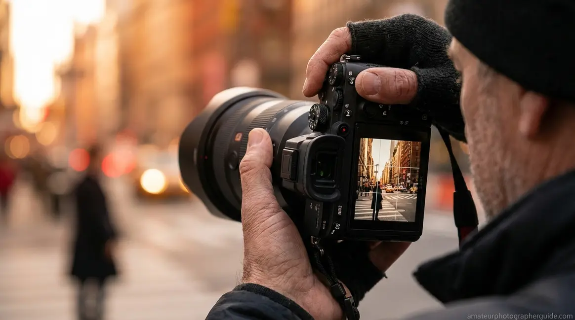 Photographer composing a shot using composition in photography rule of thirds grid overlay